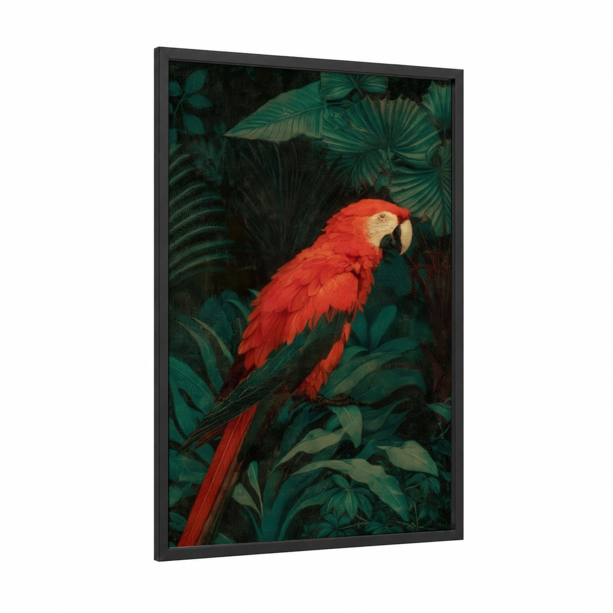 Scarlet Macaw Jungle framed art print — black wood frame — red and dark green palette