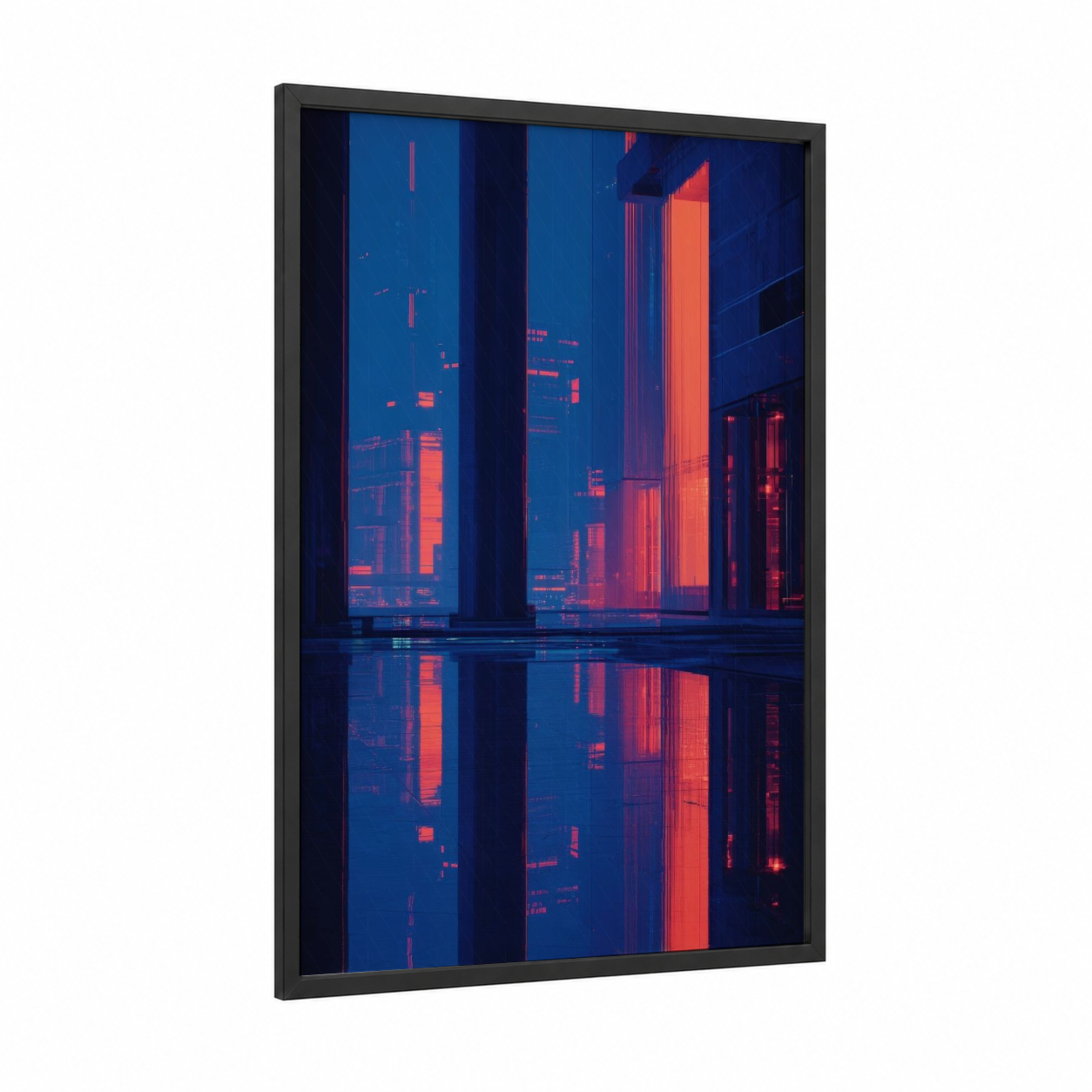 Neon Columns framed art print — black wood frame — royal blue and red palette
