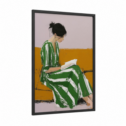 Contemplative Reader framed reading print — black wood frame — gold and true green palette
