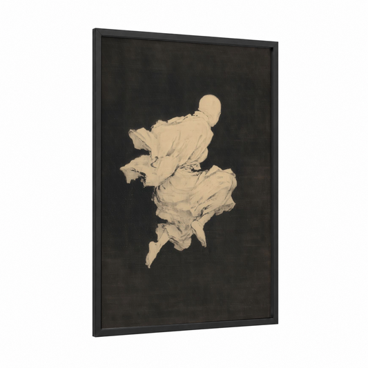 Airborne Warrior framed kung fu print — black wood frame — black and white and cream palette