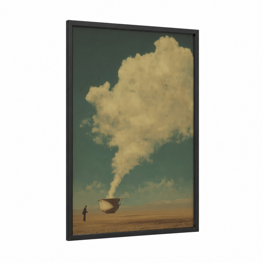 Surreal Tea Cloud framed art print — black wood frame — cream and dove gray palette