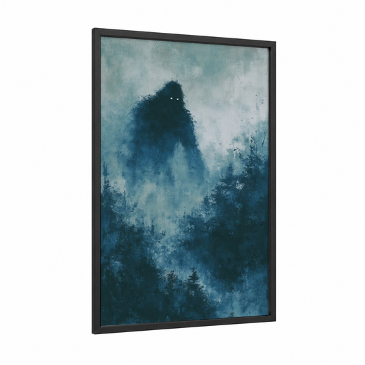 Misty Yeti framed art print — black wood frame — dark blue and gray and white palette