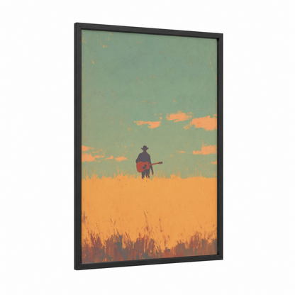 Sunset Musician framed art print — black wood frame — orange and sage green palette