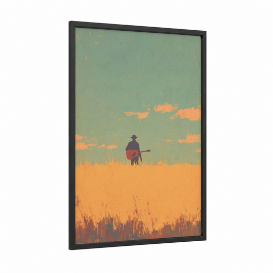 Sunset Musician framed art print — black wood frame — orange and sage green palette