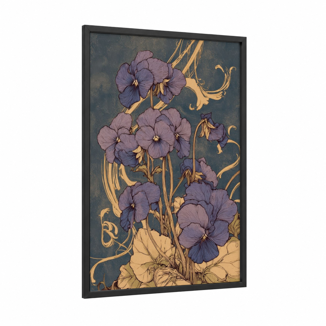 Purple Violets Study framed art print — black wood frame — purple and gold palette
