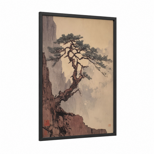 Cliffside Juniper framed juniper tree print — black wood frame — beige and gray palette