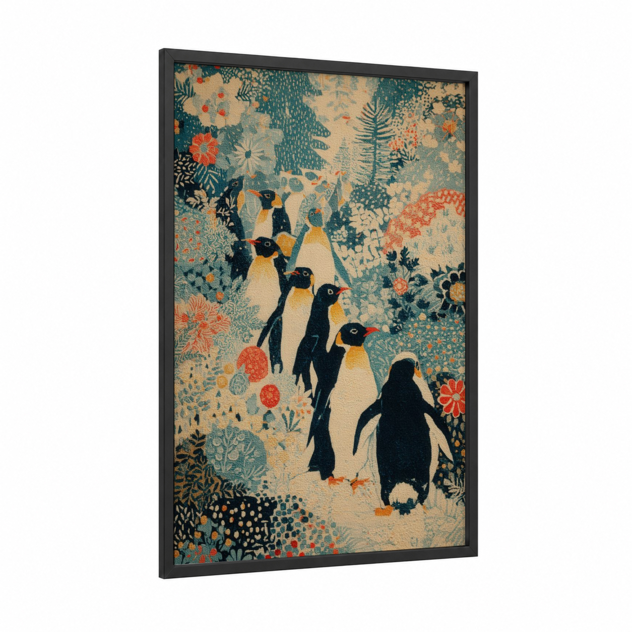 Garden Penguins framed art print — black wood frame — teal and orange palette