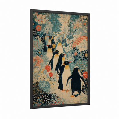 Garden Penguins framed art print — black wood frame — teal and orange palette