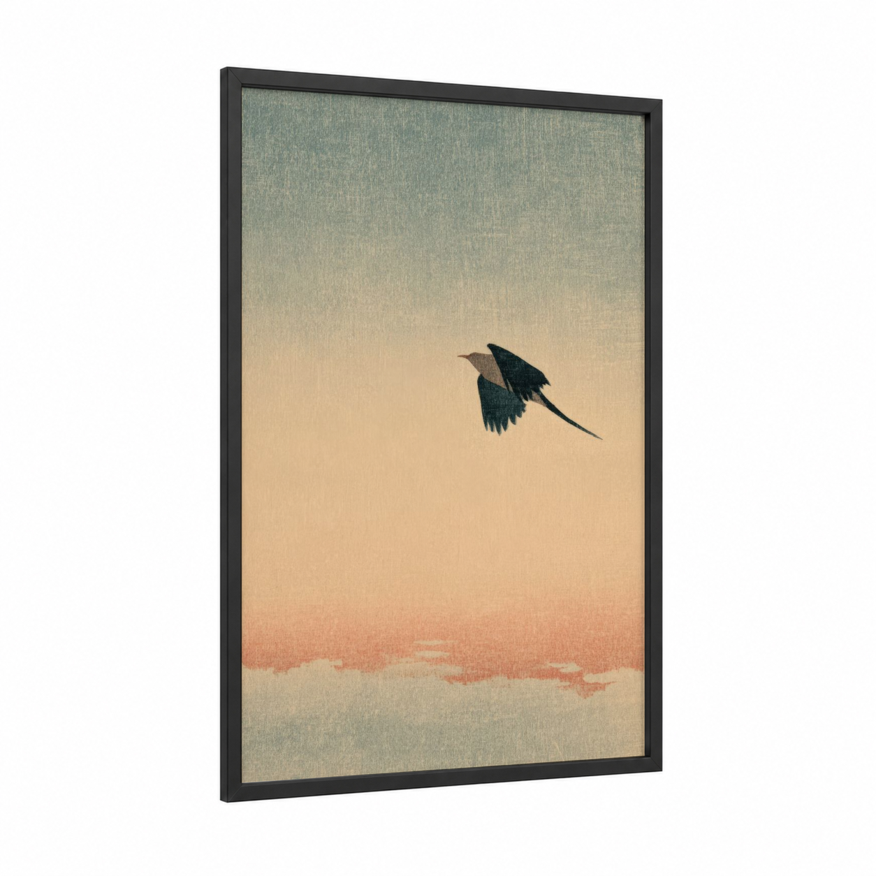 Morning Flight framed morning sky print — black wood frame — peach and light green palette