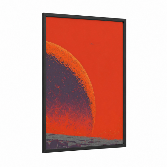 Crimson Planet Rise framed solar system print — black wood frame — red and orange palette