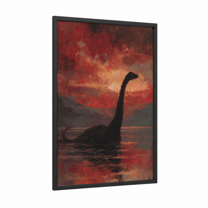 Crimson Loch Monster framed loch ness monster print — black wood frame — red and black palette