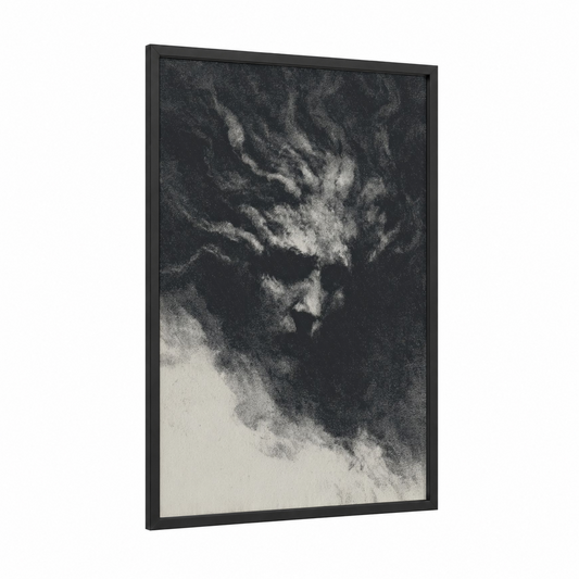 Ethereal Medusa framed art print — black wood frame — black and white and gray palette