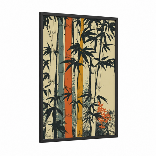 Autumn Bamboo Grove framed art print — black wood frame — mustard and black and gold palette