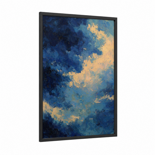 Golden Nebula framed art print — black wood frame — blue and gold palette