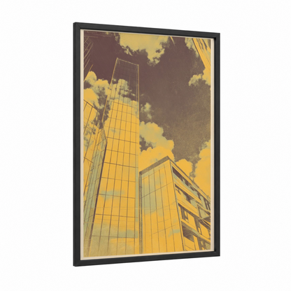 Golden Skyscrapers framed abstract architecture print — black wood frame — mustard and dove gray palette