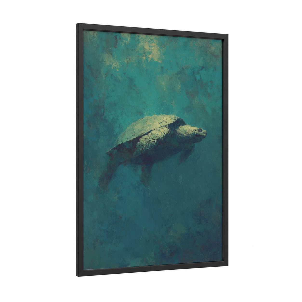 Serene Sea Turtle framed art print — black wood frame — teal and gold palette