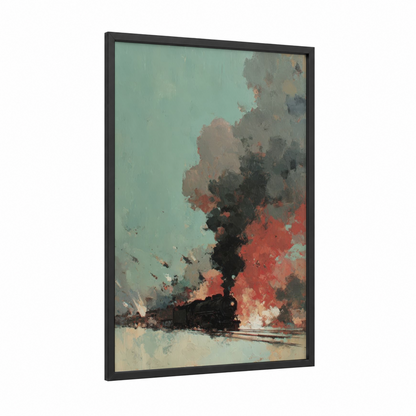 Crimson Steam Engine framed train print — black wood frame — red and teal palette