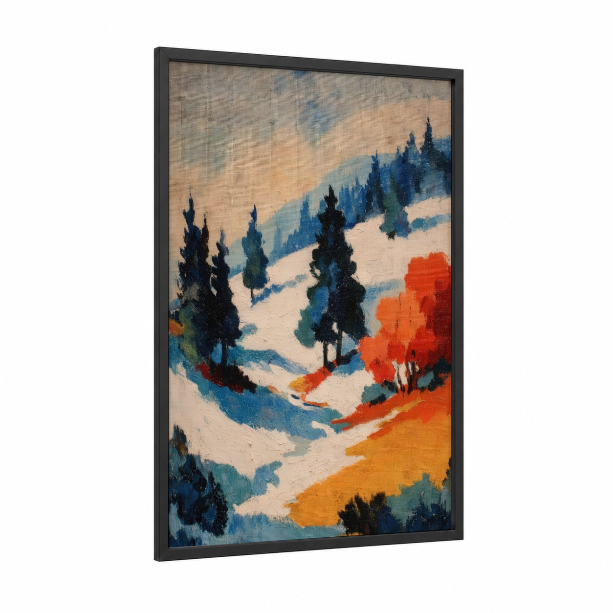 Autumn Alpine Snow framed snowy mountains print — black wood frame — dark blue and orange palette