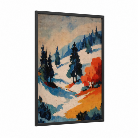 Autumn Alpine Snow framed snowy mountains print — black wood frame — dark blue and orange palette