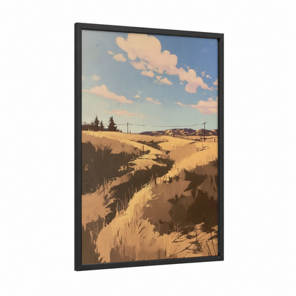Golden Valley Stream framed various landscapes print — black wood frame — gold and blue palette