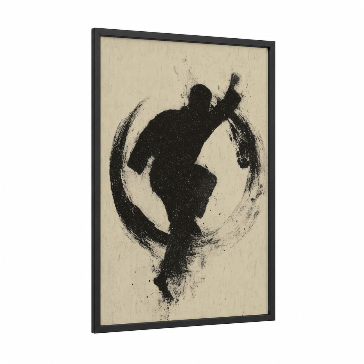 Flying Kick Silhouette framed taekwondo print — black wood frame — black and cream palette
