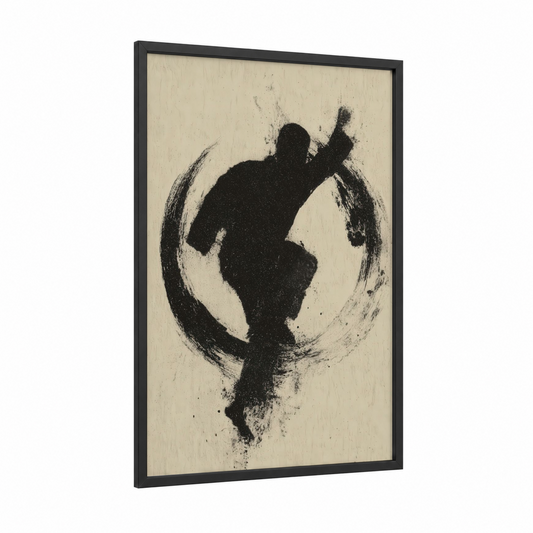 Flying Kick Silhouette framed taekwondo print — black wood frame — black and cream palette
