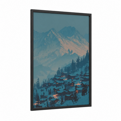 Alpine Village Winter framed art print — black wood frame — blue and gold palette