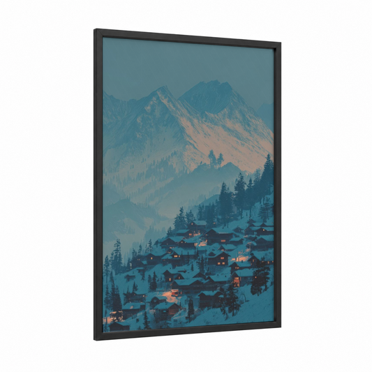 Alpine Village Winter framed art print — black wood frame — blue and gold palette