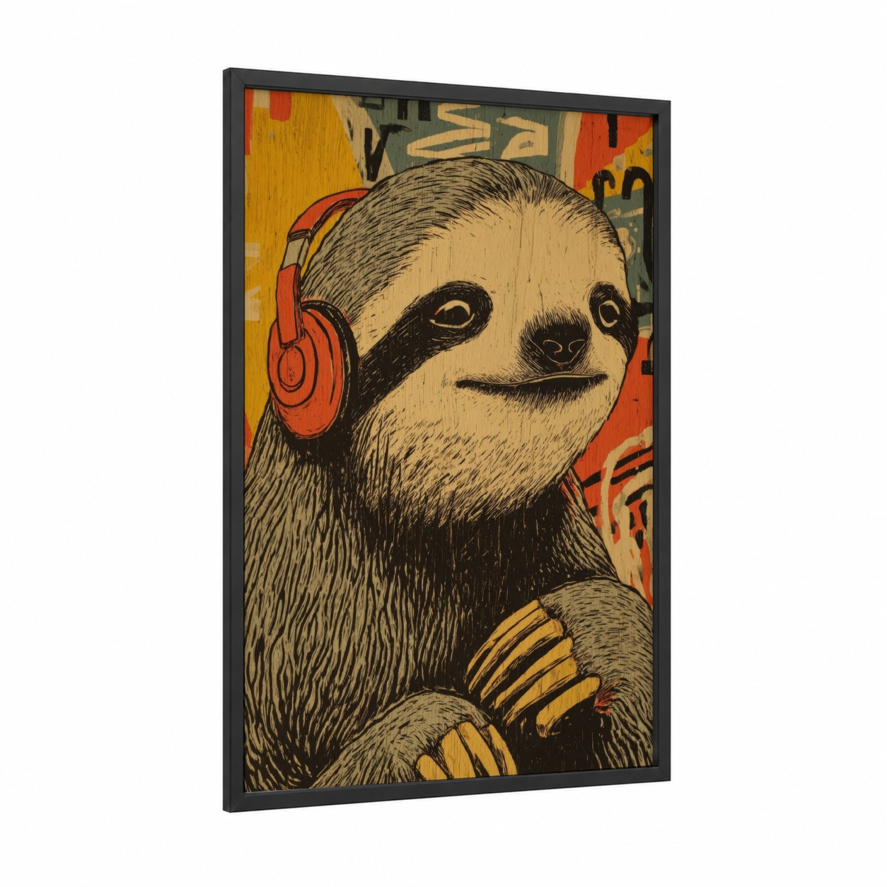 Groovy Sloth framed art print — black wood frame — orange and black and white palette