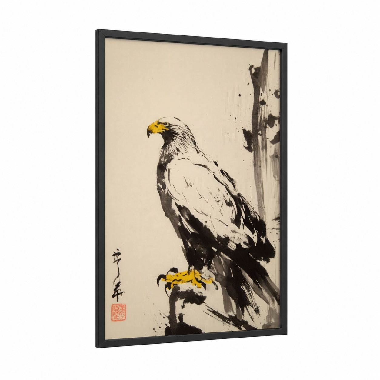 Golden Eagle Portrait framed art print — black wood frame — black and white and gold palette