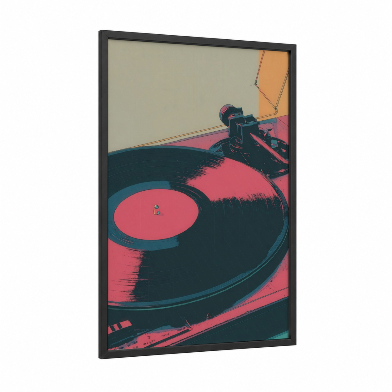 Neon Turntable framed vinyl records print — black wood frame — magenta and dark blue palette