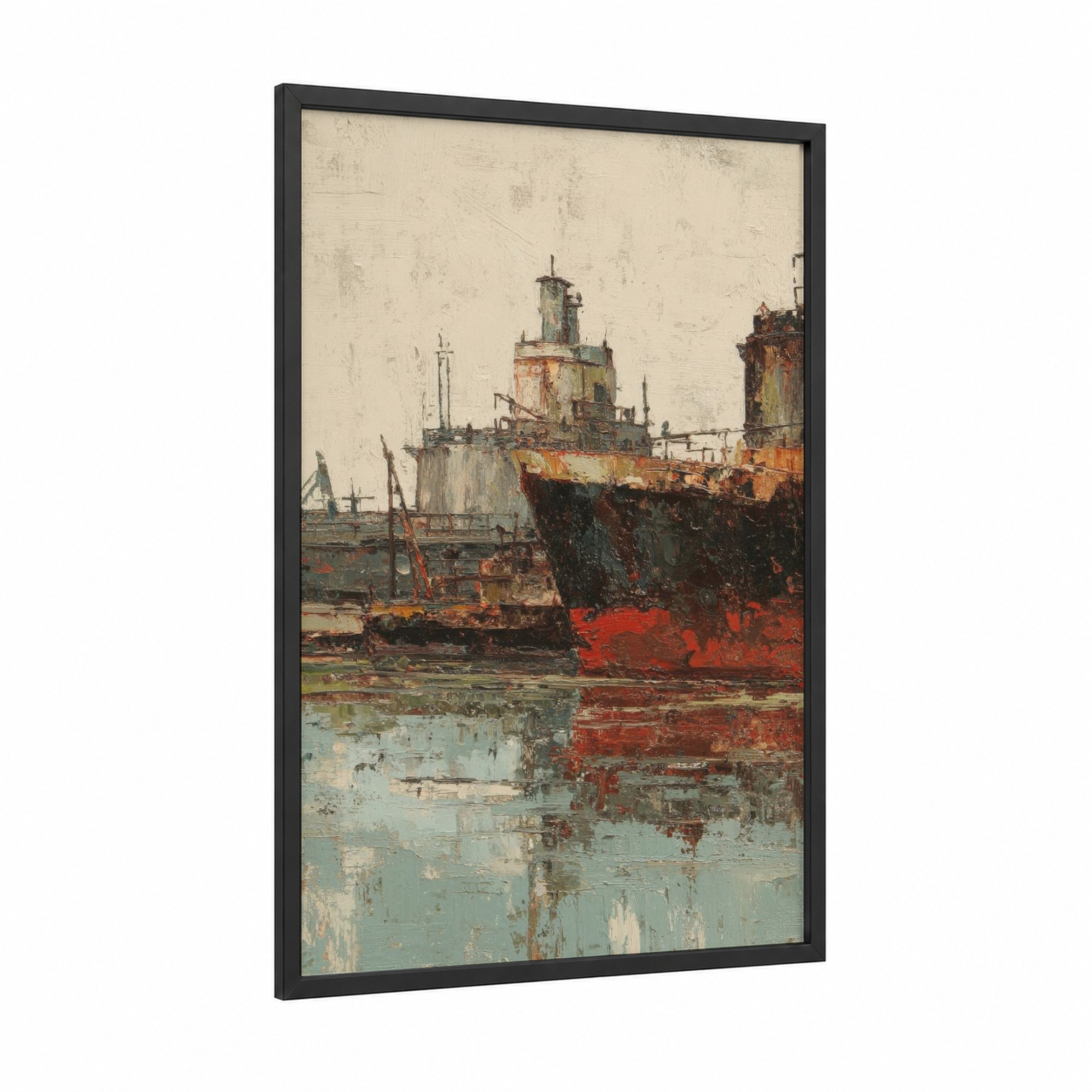 Rusted Industrial Port framed art print — black wood frame — russet and dove gray palette
