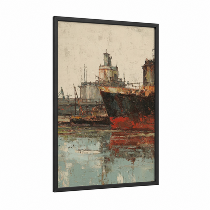 Rusted Industrial Port framed art print — black wood frame — russet and dove gray palette