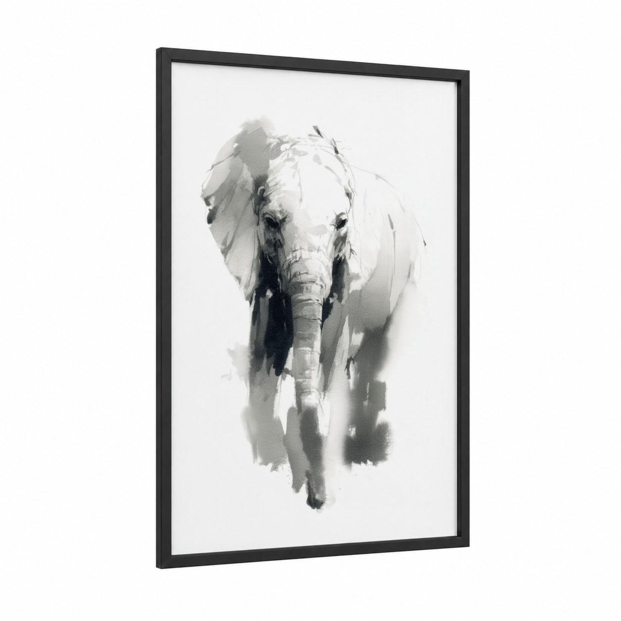 Ivory Wanderer framed savanna elephant print — black wood frame — gray and white and gray palette