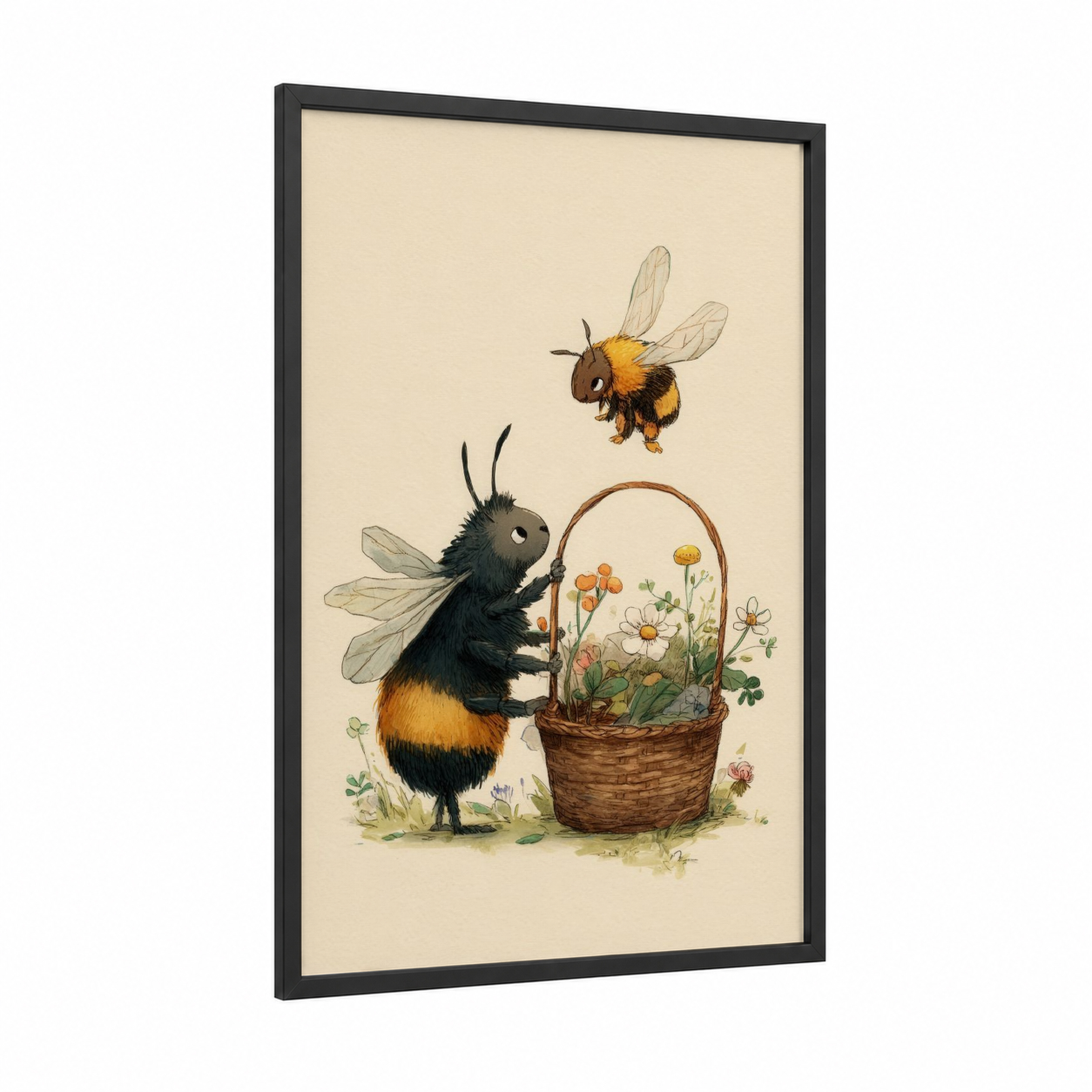 Busy Bee Basket framed wasp print — black wood frame — cream and gold palette