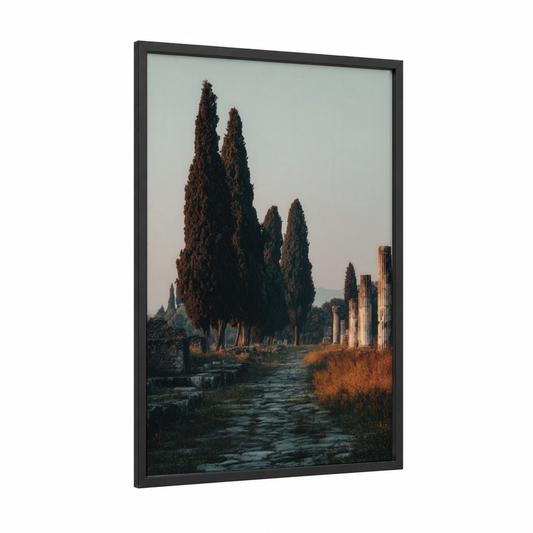 Ancient Ruins Path framed road and highways print — black wood frame — sage green palette
