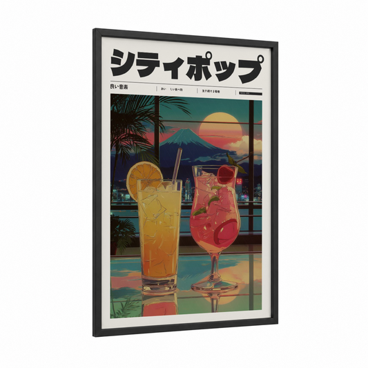 Sunset Drinks framed anime and manga print — black wood frame — gold and red palette