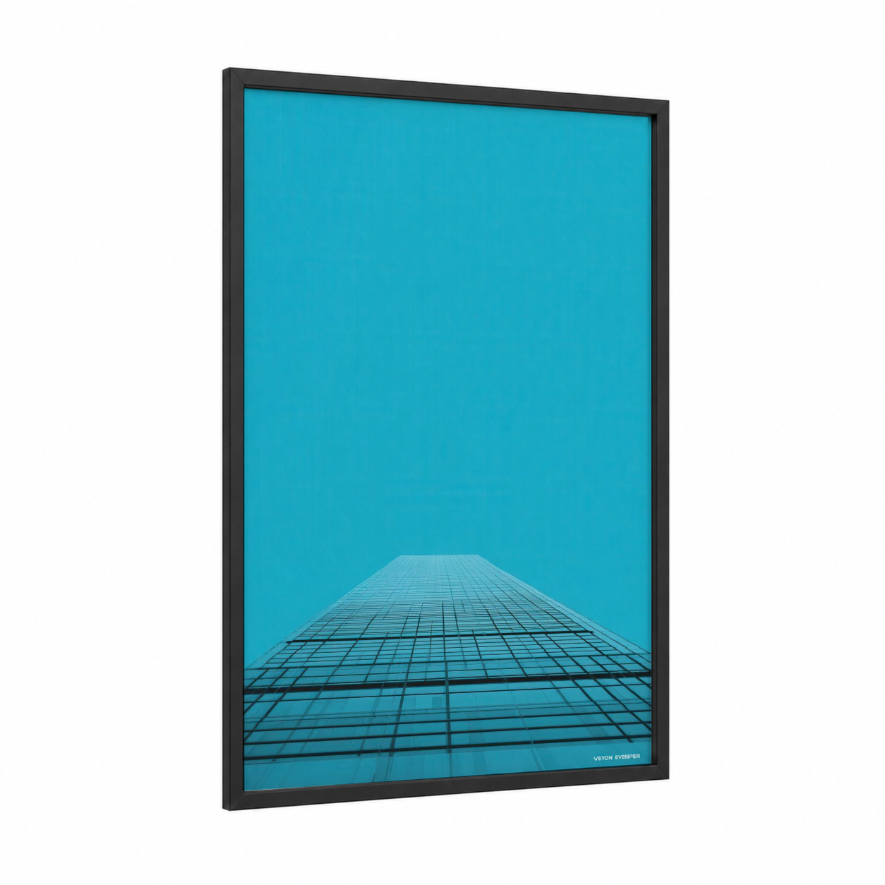 Turquoise Skyscraper framed art print — black wood frame — turquoise and blue palette