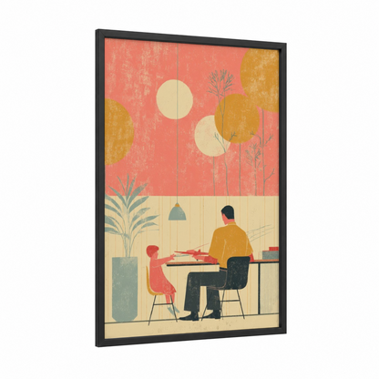 Bonding Over Art framed father's day print — black wood frame — salmon pink and mustard palette