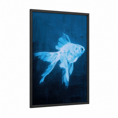 Azure Goldfish framed art print — black wood frame — blue and white palette