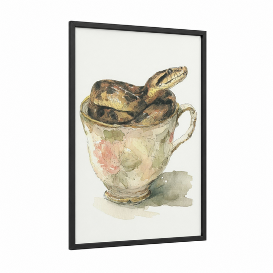Teacup Python framed art print — black wood frame — cream and sage green palette