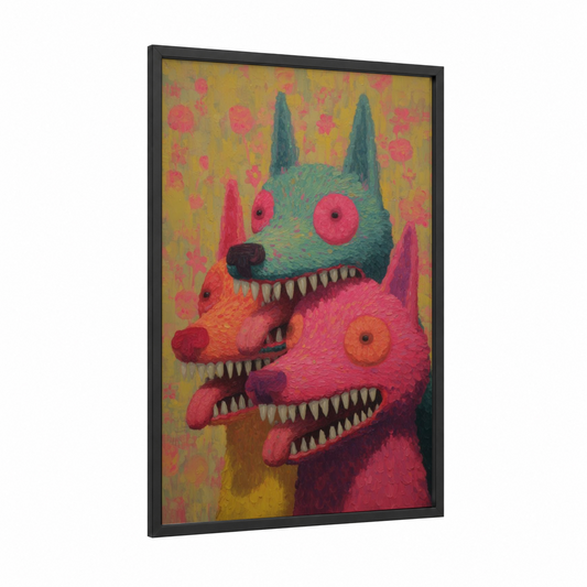 Colorful Cerberus framed art print — black wood frame — magenta and gold palette