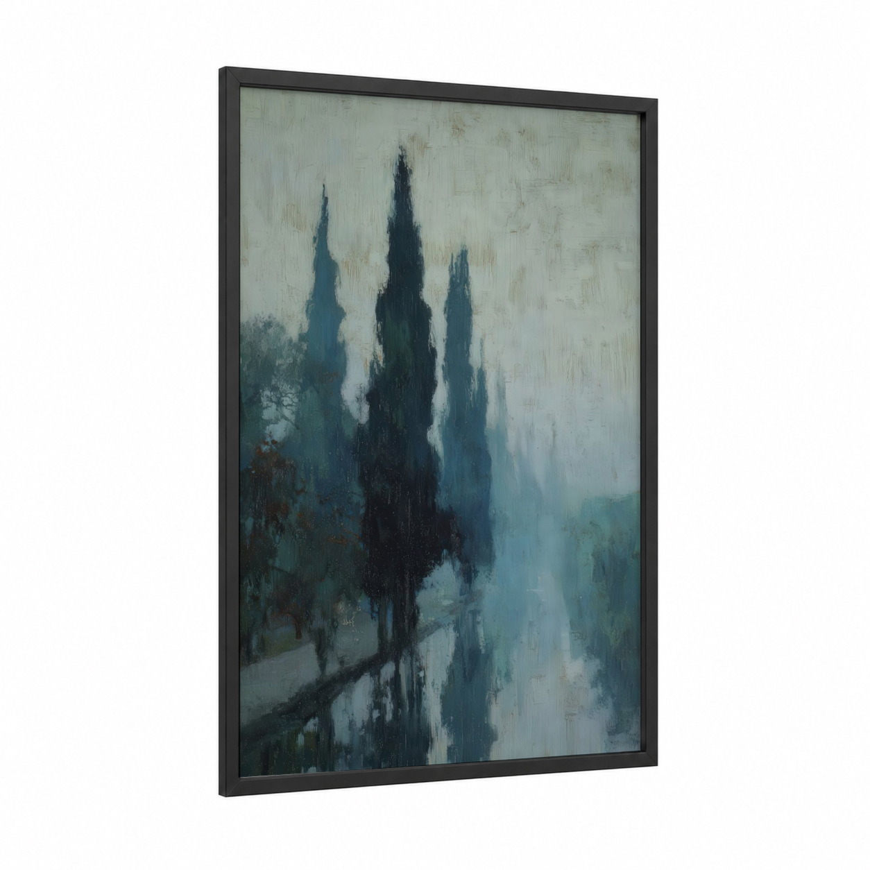 Misty Cypress Sentinels framed cypress tree print — black wood frame — gray and blue palette