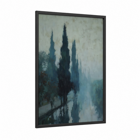 Misty Cypress Sentinels framed cypress tree print — black wood frame — gray and blue palette