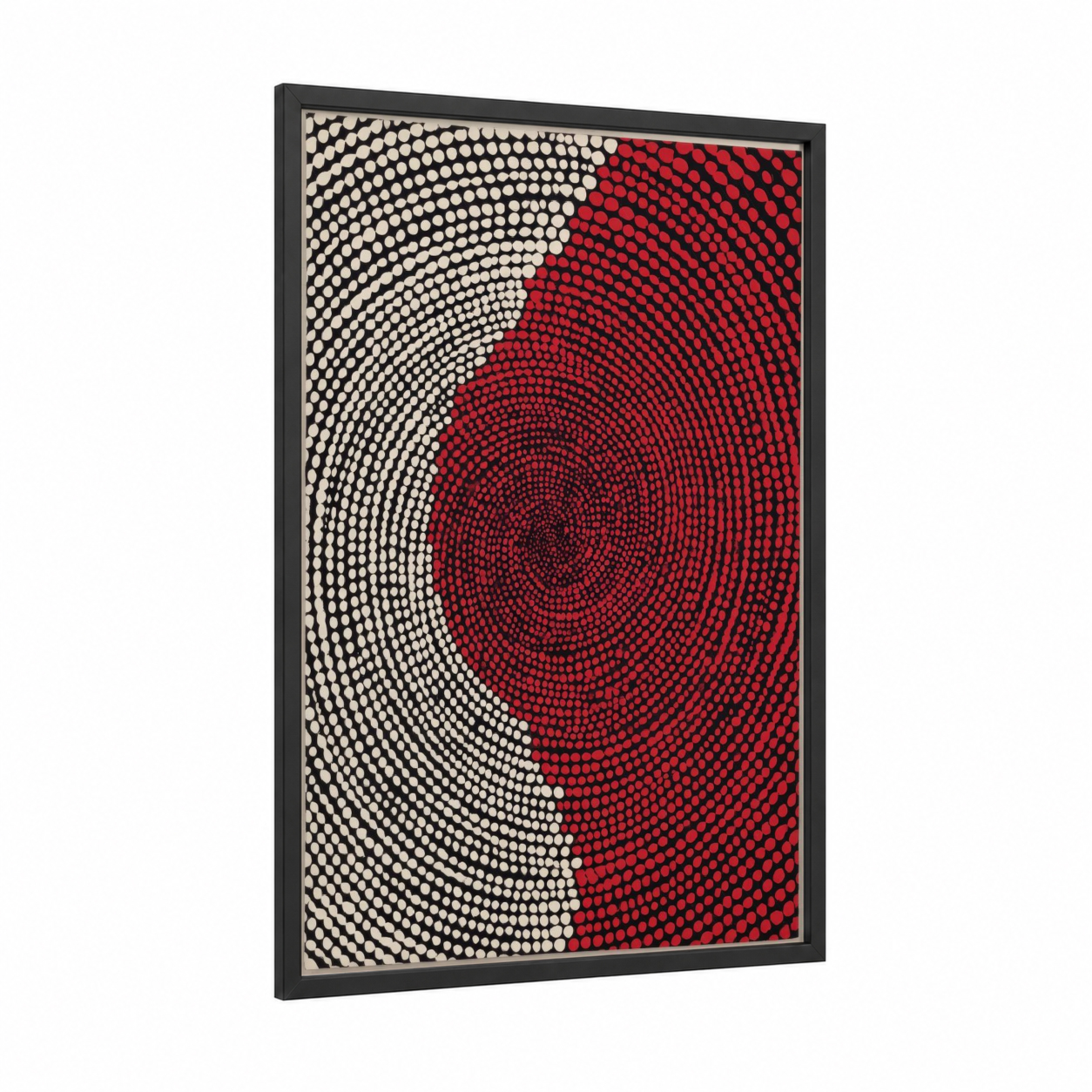 Crimson Spiral Convergence framed abstract classic print — black wood frame — red and black and white palette