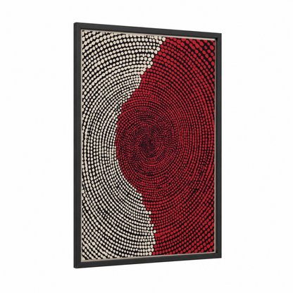 Crimson Spiral Convergence framed abstract classic print — black wood frame — red and black and white palette