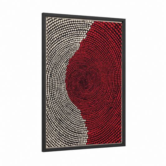 Crimson Spiral Convergence framed abstract classic print — black wood frame — red and black and white palette