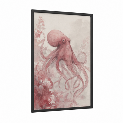 Crimson Octopus framed art print — black wood frame — rose gold and cream palette