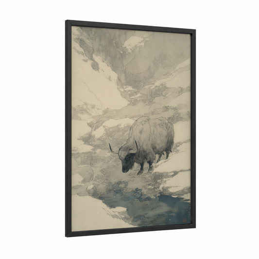 Mountain Yak framed art print — black wood frame — gray and blue palette
