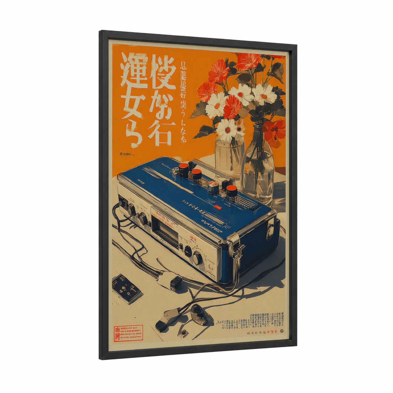 Vintage Radio Ad framed vintage japanese ads print — black wood frame — orange and gold palette